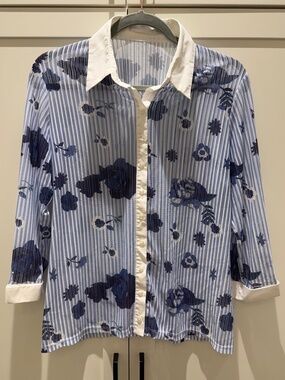 Anne Fontaine Blue Stripe Floral Button Blouse Size 44 / US 12